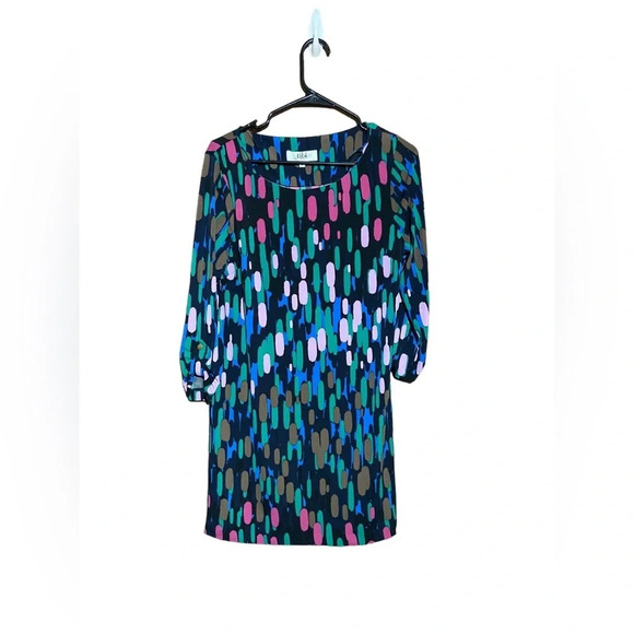 Tibi Black Abstract Colorful Strokes‎ 3/4 Sleeve Mini Dress Size Medium - Picture 1 of 6